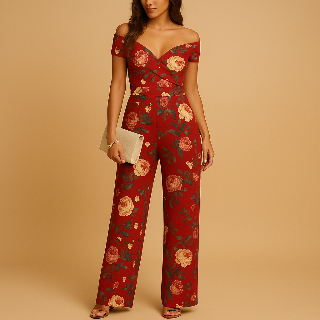 Dames jumpsuit met off shoulder ontwerp en bloemenprint in blauw en rood