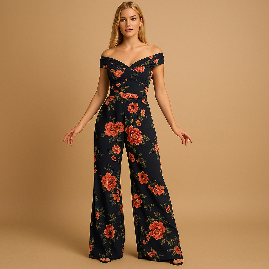 Dames jumpsuit met off shoulder ontwerp en bloemenprint in blauw en rood