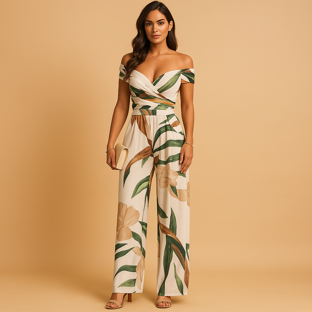 Dames jumpsuit met off shoulder ontwerp en bloemenprint in blauw en rood