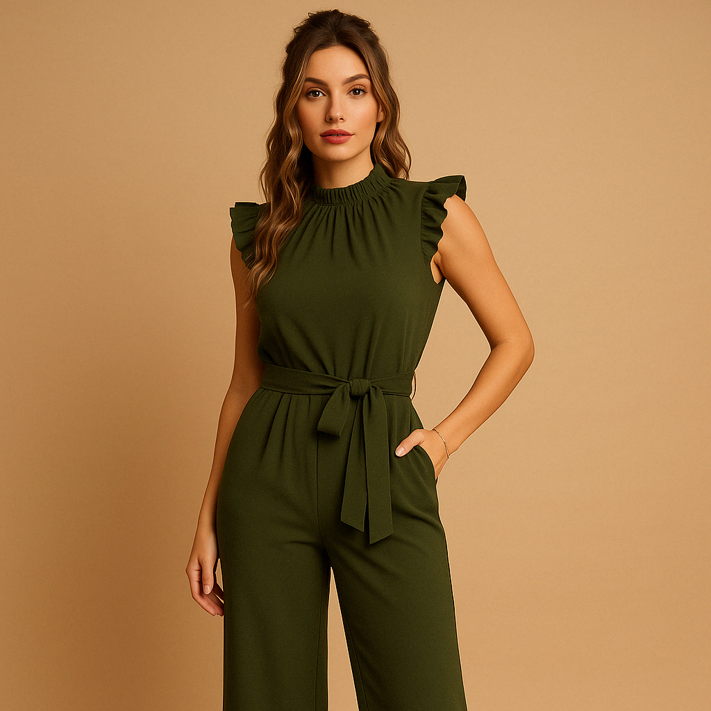 Elegante damesjumpsuit met hoge ronde hals, kapmouwen en bijpassende ceintuur, ideaal voor feestelijke of formele gelegenheden