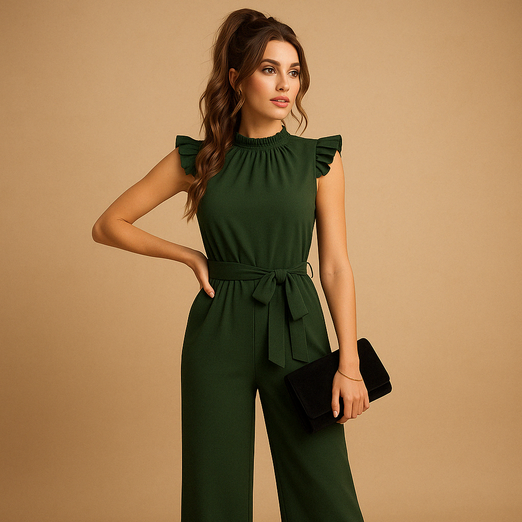 Elegante damesjumpsuit met hoge ronde hals, kapmouwen en bijpassende ceintuur, ideaal voor feestelijke of formele gelegenheden
