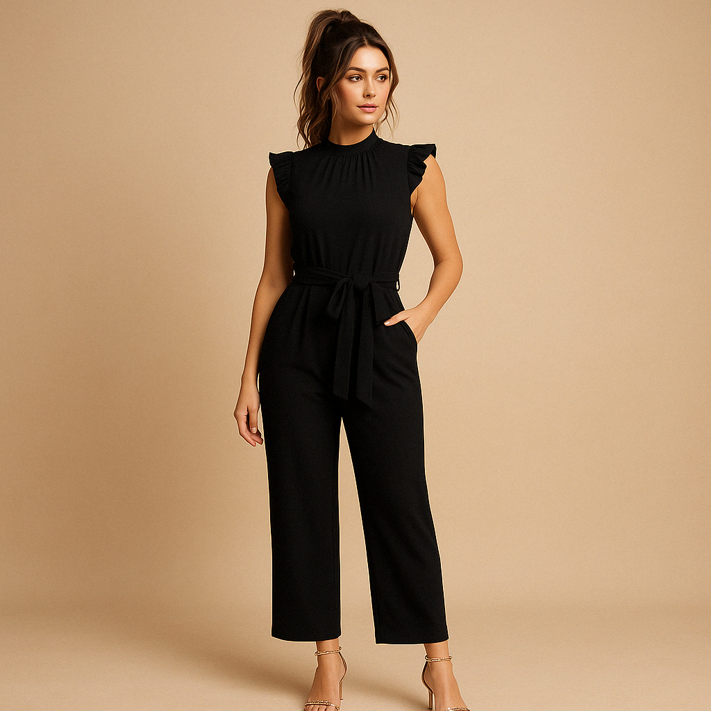 Elegante damesjumpsuit met hoge ronde hals, kapmouwen en bijpassende ceintuur, ideaal voor feestelijke of formele gelegenheden