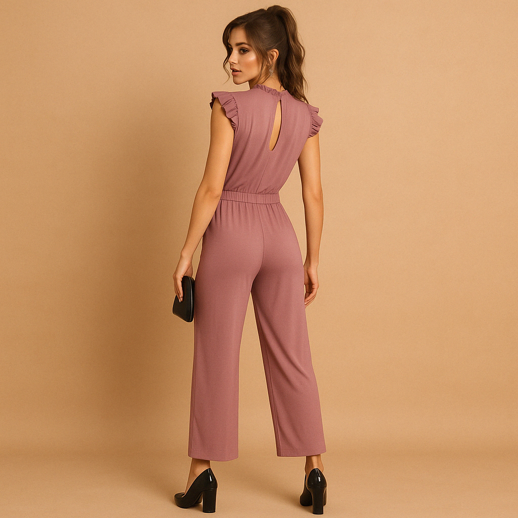 Elegante damesjumpsuit met hoge ronde hals, kapmouwen en bijpassende ceintuur, ideaal voor feestelijke of formele gelegenheden