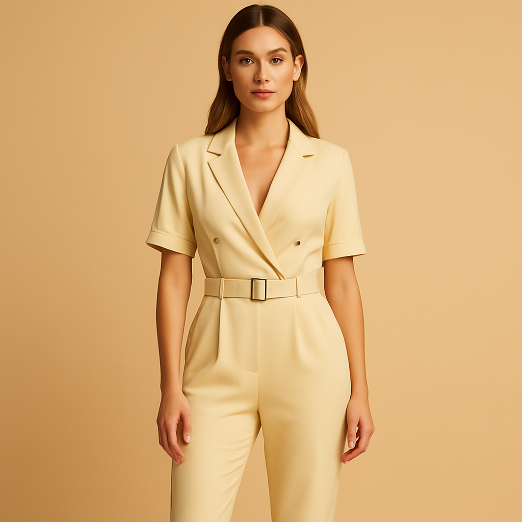 Elegante dames jumpsuit met V-hals, kraag en halve mouwen in vijf kleuren, ideaal voor werk, uitgaan en formele momenten.