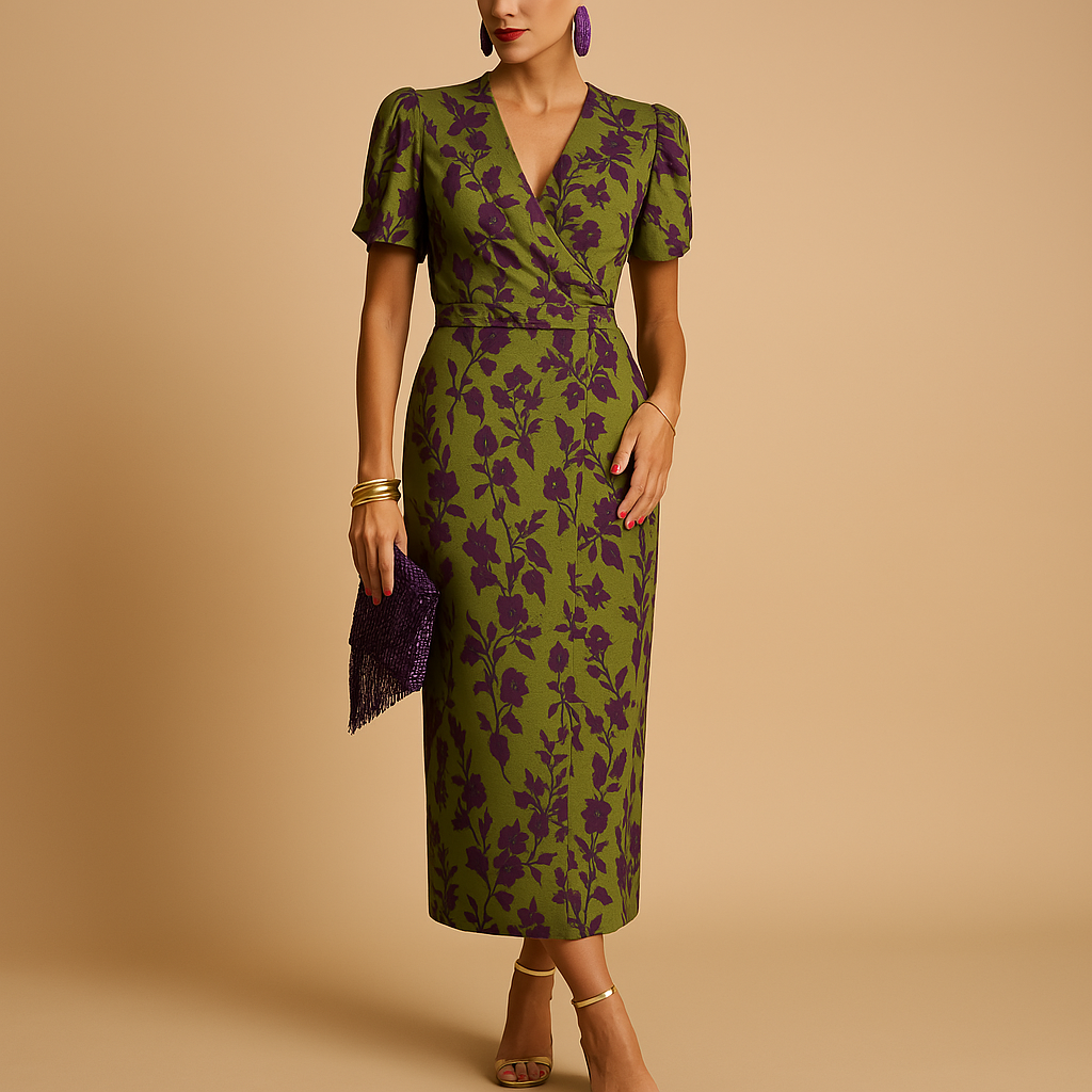 Elegante damesjurk met flatterende pasvorm en pofmouwen, ideaal voor feestelijke en formele gelegenheden in het voorjaar of najaar