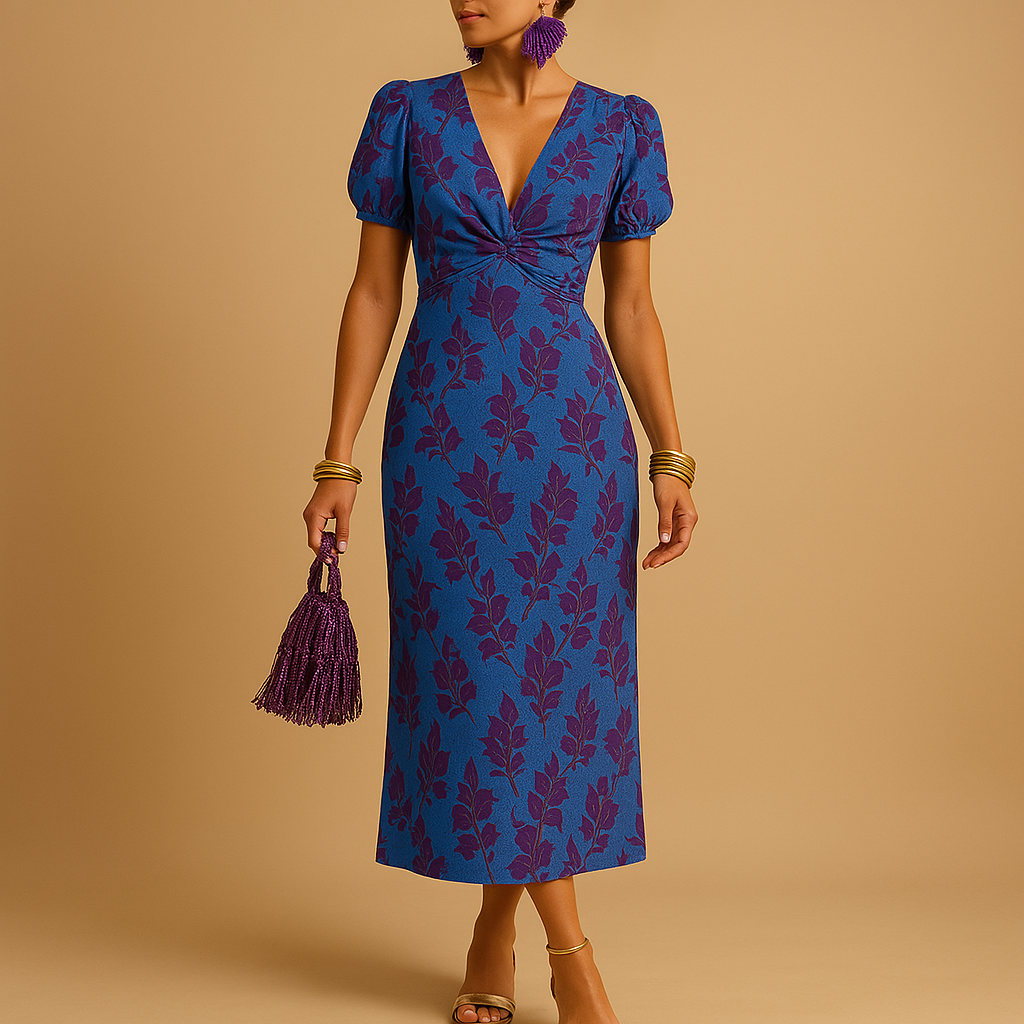 Elegante damesjurk met flatterende pasvorm en pofmouwen, ideaal voor feestelijke en formele gelegenheden in het voorjaar of najaar