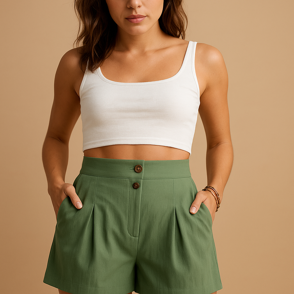 Elegante dames short met dubbel knoopdetail aan de voorkant, comfortabel en veelzijdig, perfect voor dagelijks gebruik of zomerse gelegenheden