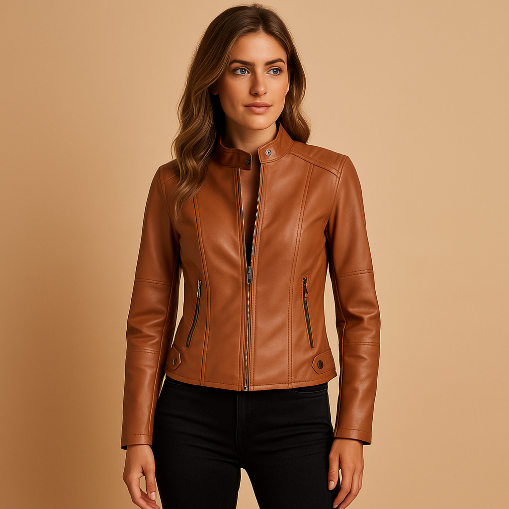 Elegante leren jas voor dames met symmetrische ritssluiting en kraag met drukknopen. Perfect voor herfst, lente en veelzijdige styling.