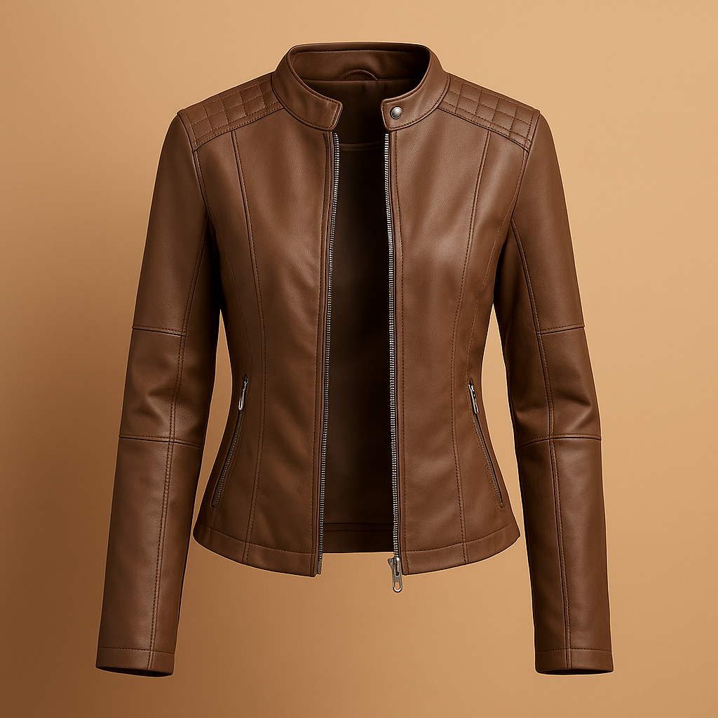 Elegante leren jas voor dames met symmetrische ritssluiting en kraag met drukknopen. Perfect voor herfst, lente en veelzijdige styling.