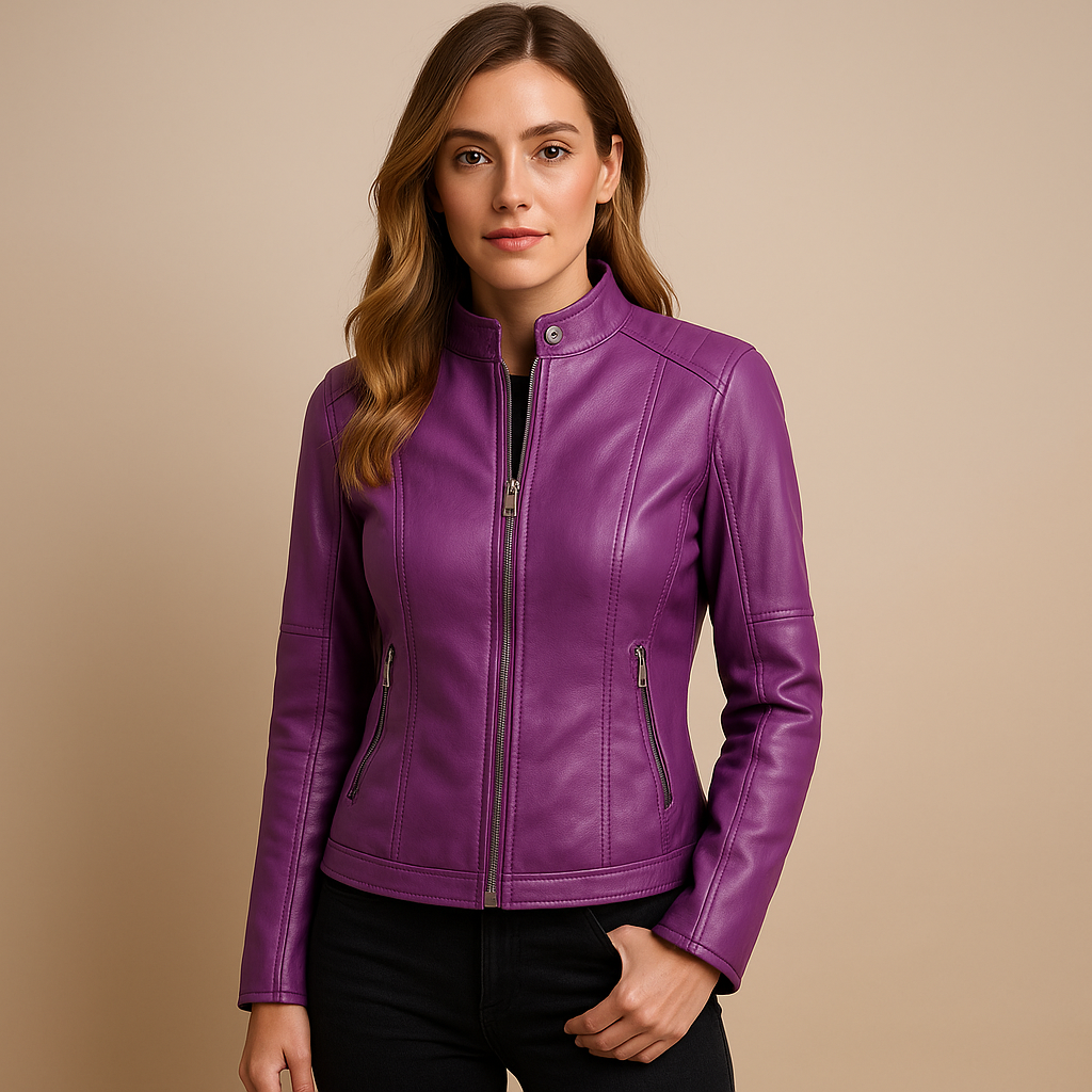 Elegante leren jas voor dames met symmetrische ritssluiting en kraag met drukknopen. Perfect voor herfst, lente en veelzijdige styling.