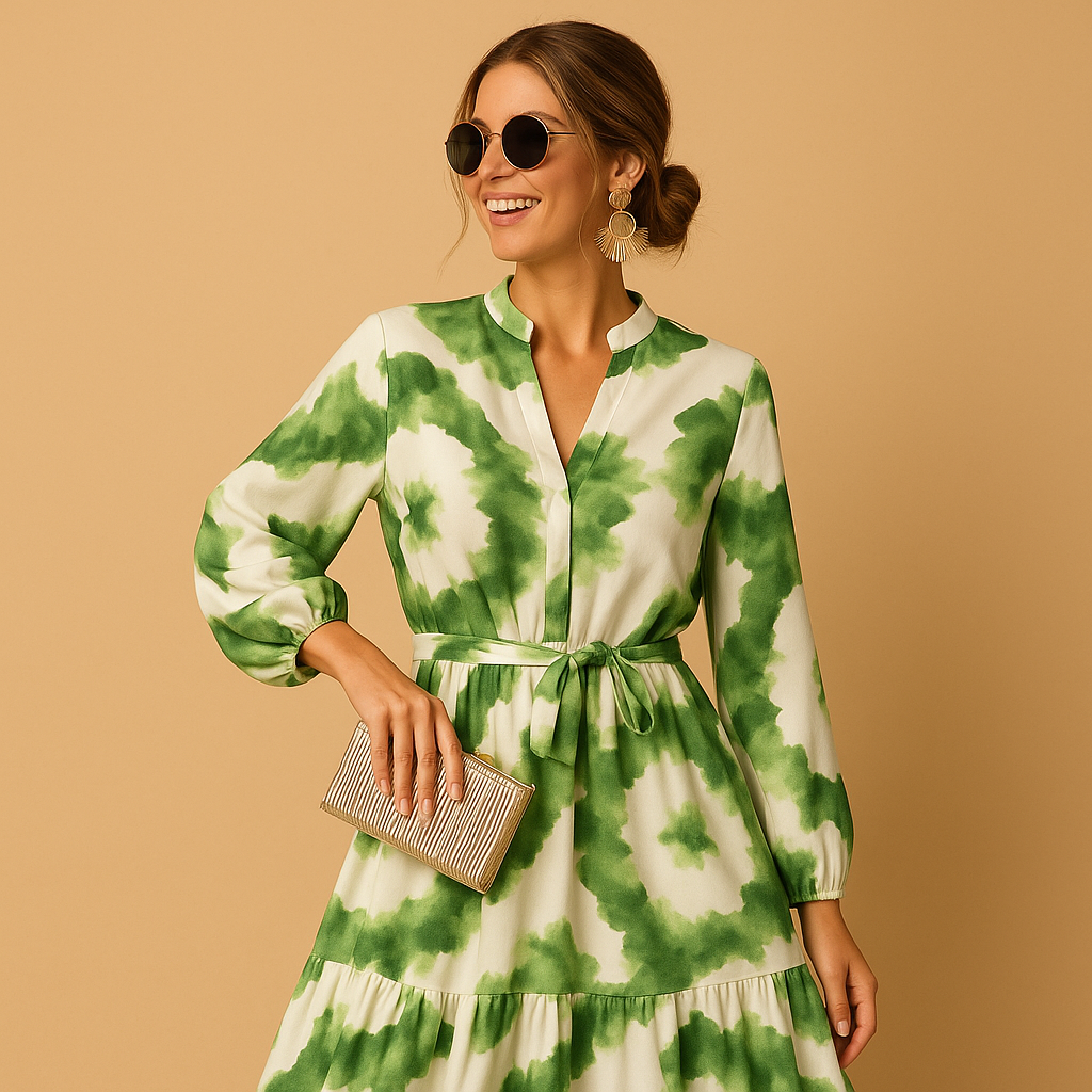 Vrouwelijke maxi-jurk met V-hals en lange mouwen in vloeiend ontwerp, perfect voor formele gelegenheden of een stijlvolle avondlook