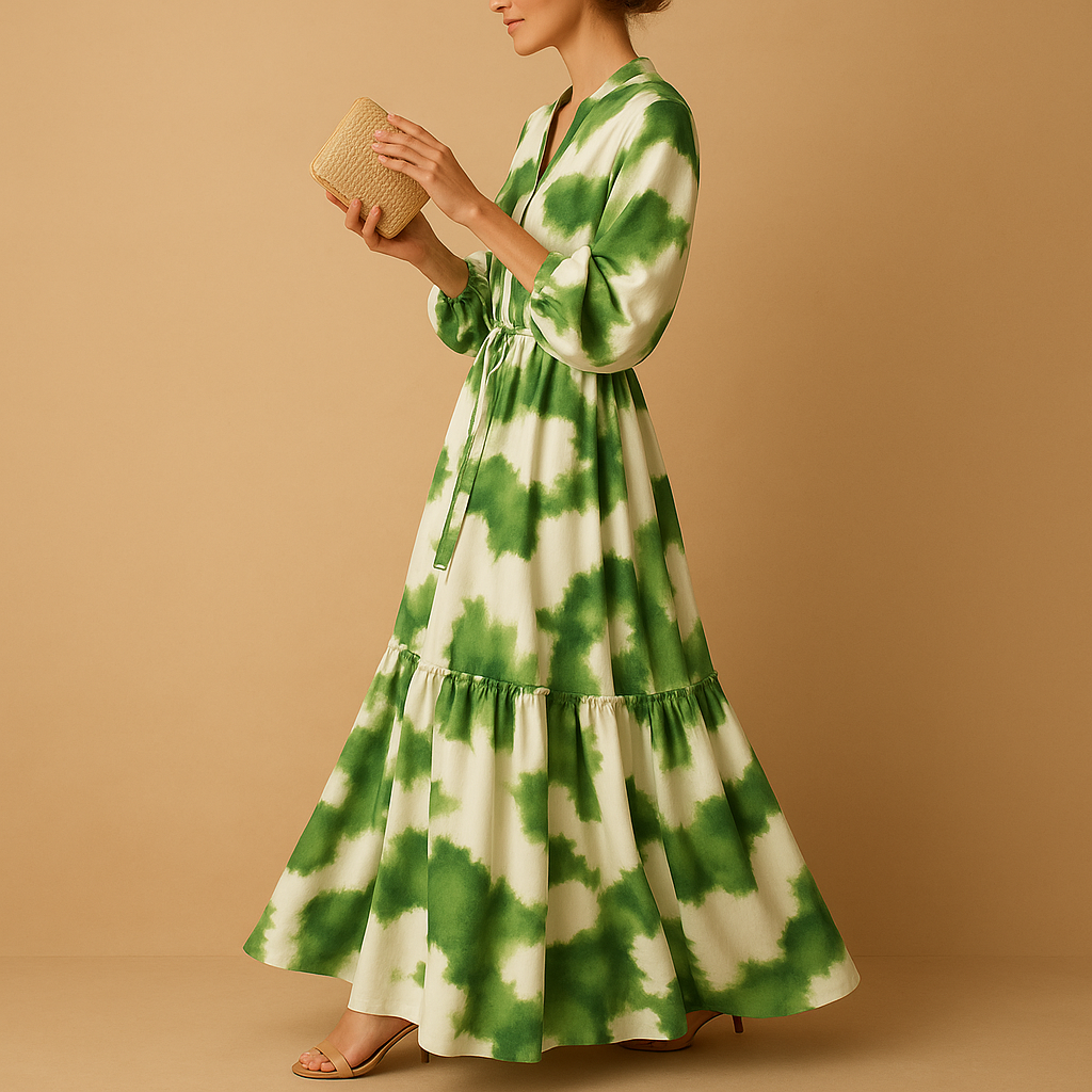 Vrouwelijke maxi-jurk met V-hals en lange mouwen in vloeiend ontwerp, perfect voor formele gelegenheden of een stijlvolle avondlook