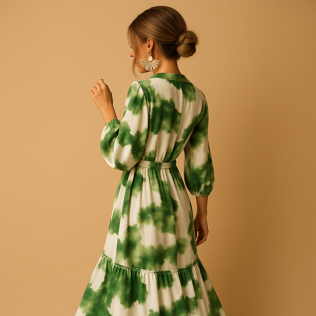 Vrouwelijke maxi-jurk met V-hals en lange mouwen in vloeiend ontwerp, perfect voor formele gelegenheden of een stijlvolle avondlook