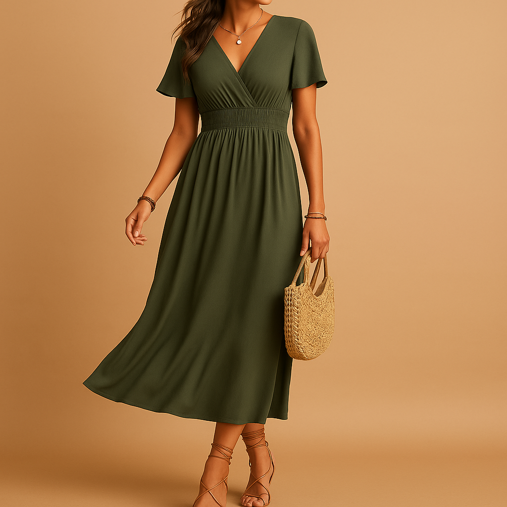 Dames midi-jurk met V-hals en slanke pasvorm, elegant en comfortabel voor formele en semi-formele gelegenheden.