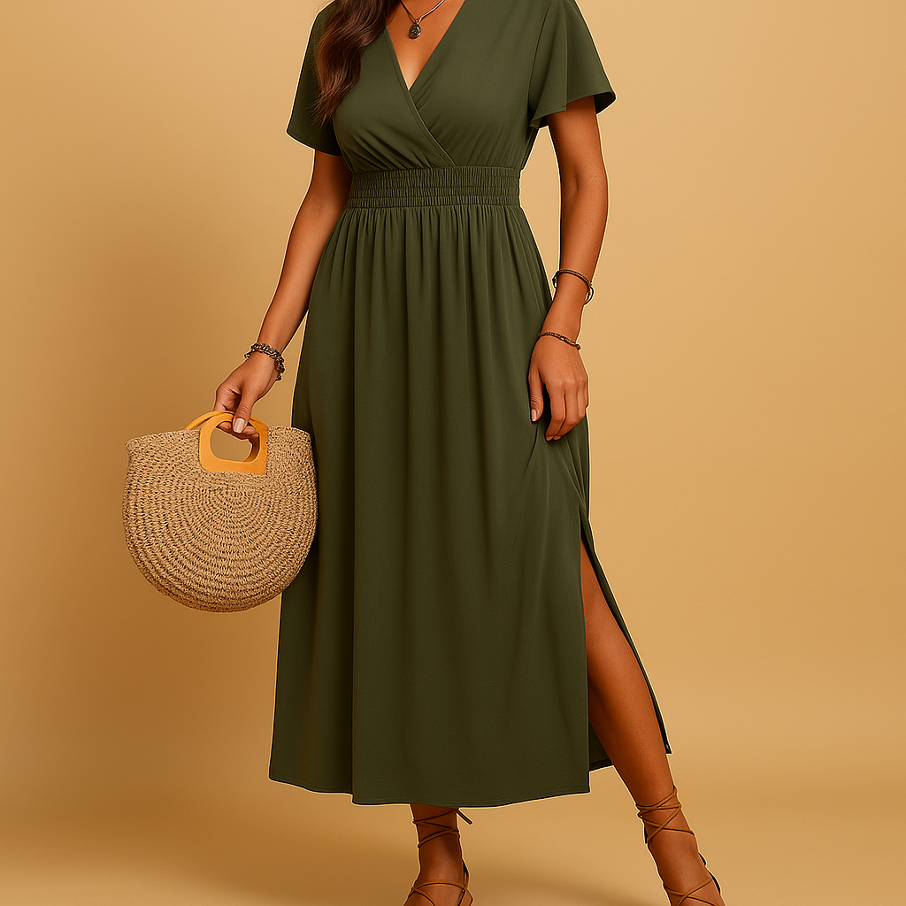 Dames midi-jurk met V-hals en slanke pasvorm, elegant en comfortabel voor formele en semi-formele gelegenheden.