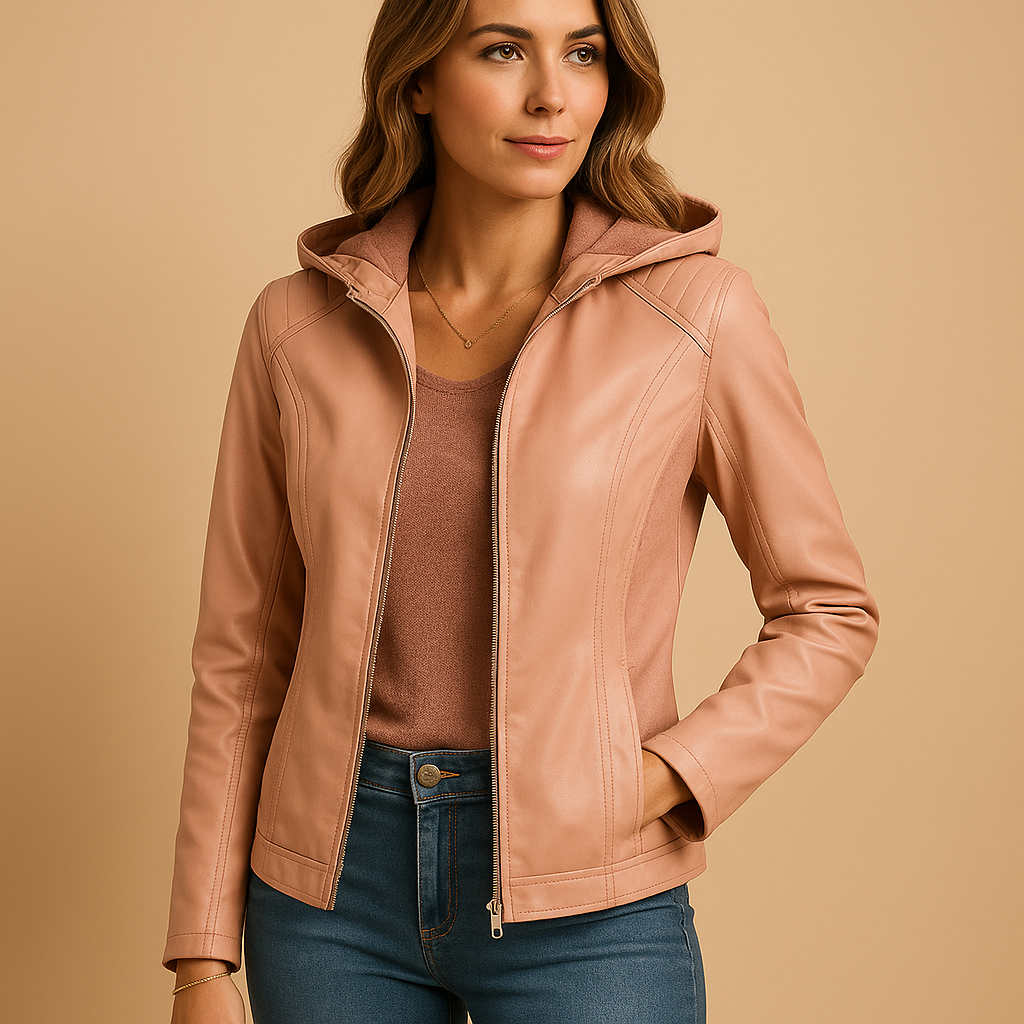 Faux leren jas voor dames met afneembare capuchon en gouden ritsdetails. Perfect voor lente en herfst, geschikt voor casual en smart casual outfits.