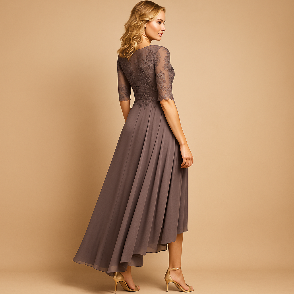 Elegante dames feestjurk met kanten afwerking en flatterende pasvorm, ideaal voor gala’s, bruiloften en bijzondere gelegenheden