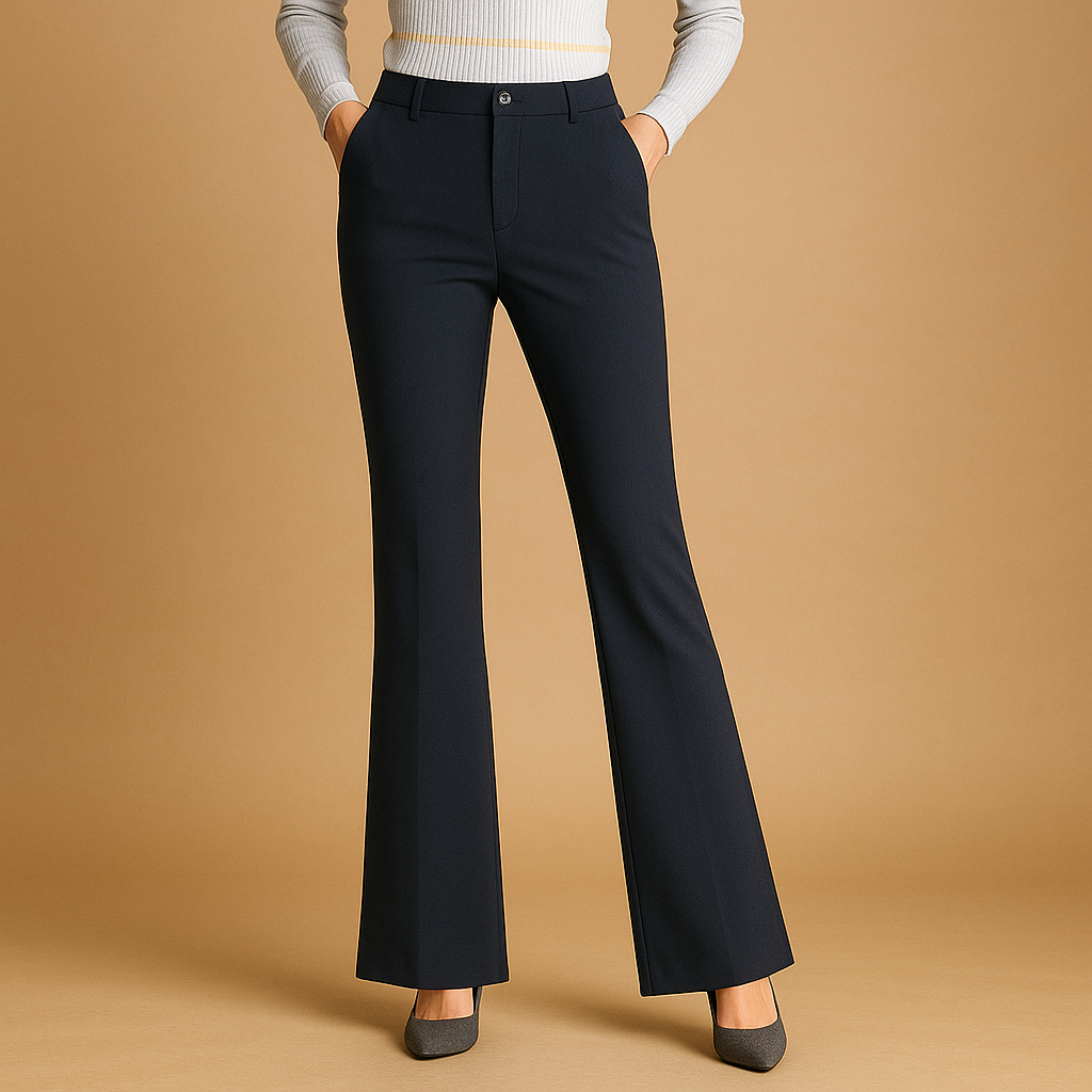 Dames flared broek met hoge taille, slanke pasvorm en wijde pijpen – ideaal voor casual, zakelijke en formele outfits.