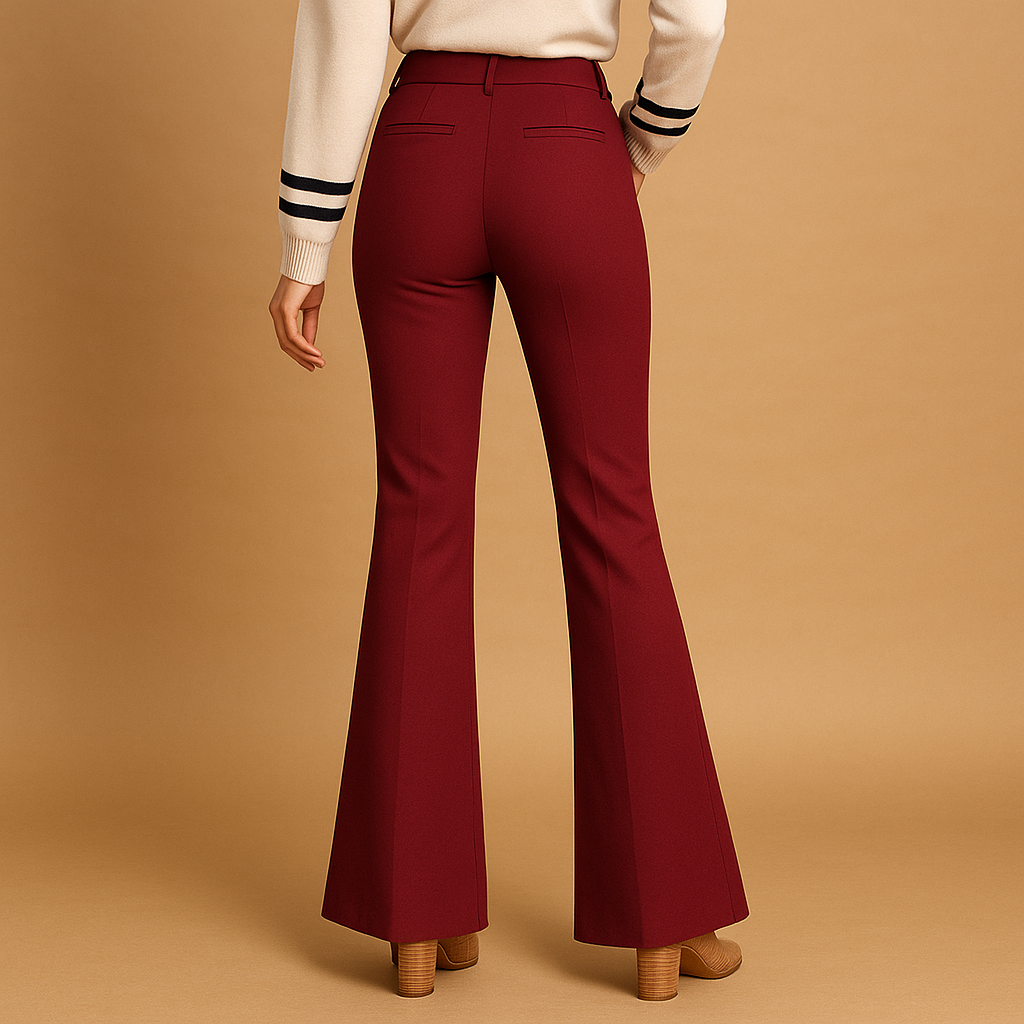 Dames flared broek met hoge taille, slanke pasvorm en wijde pijpen – ideaal voor casual, zakelijke en formele outfits.