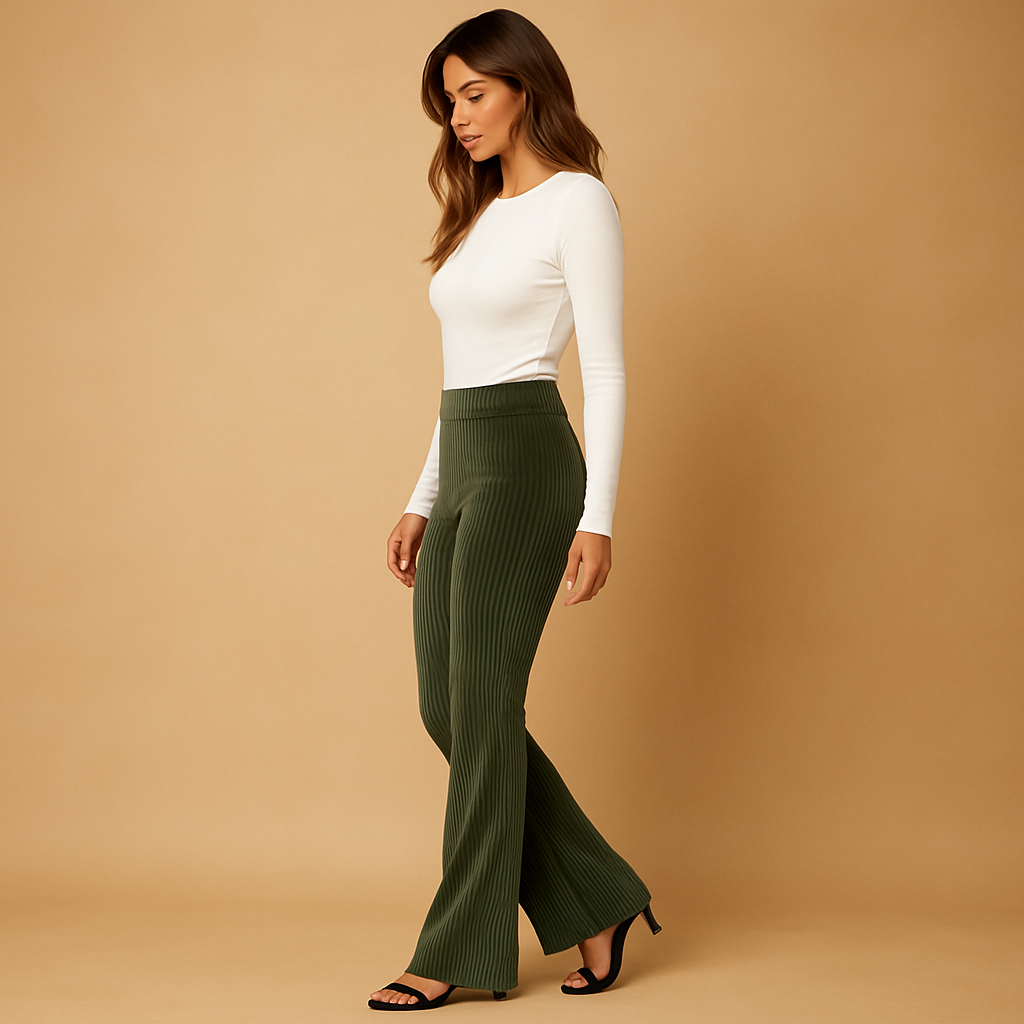 Flared corduroy broek voor dames met hoge taille in groen, bruin of zwart, perfect voor casual en chique outfits.