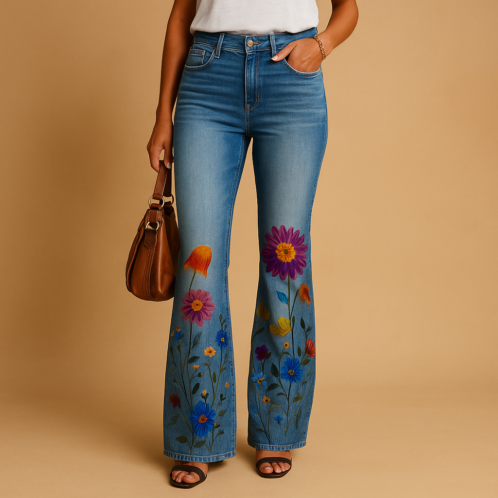Dames flared jeans met bloemenprint en relaxte pasvorm van ademende stof, perfect voor lente- en zomeroutfits met een speelse touch.
