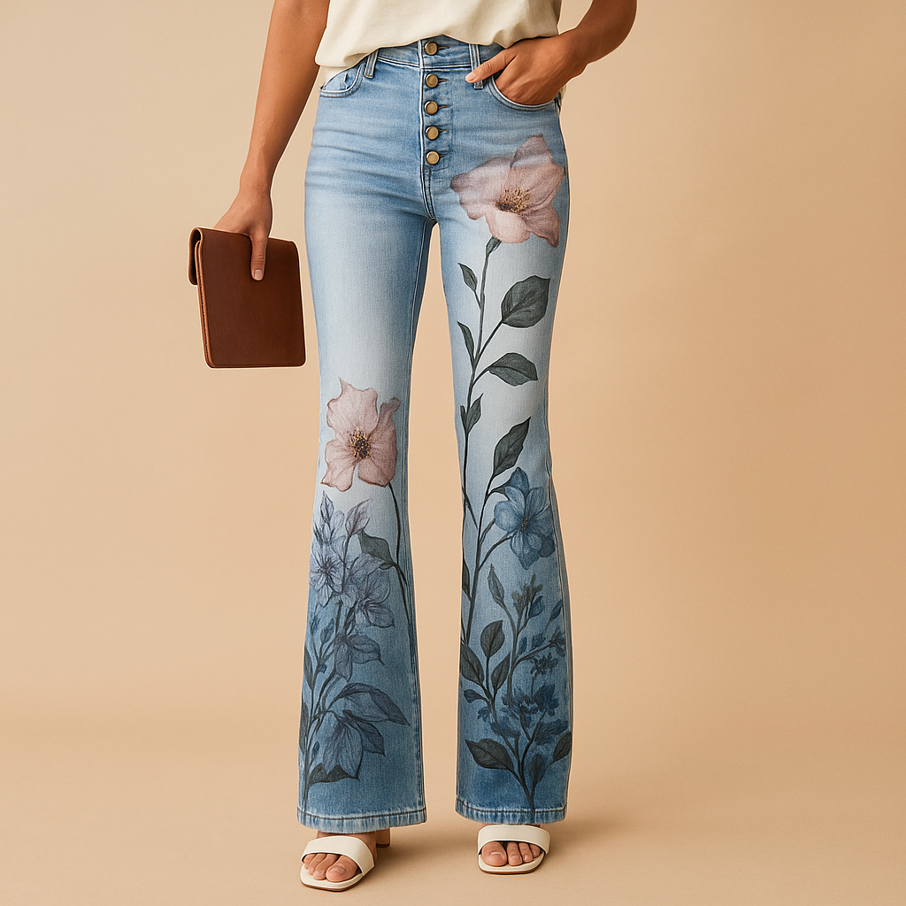 Dames flared jeans met bloemenprint en relaxte pasvorm van ademende stof, perfect voor lente- en zomeroutfits met een speelse touch.