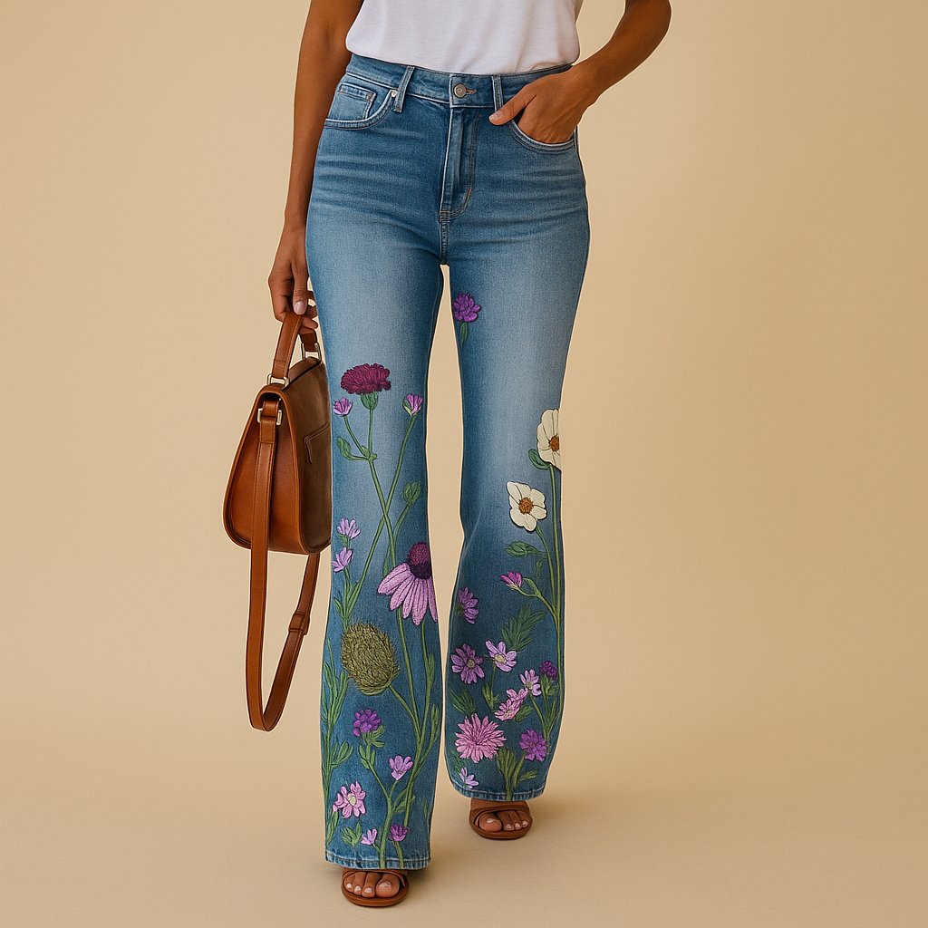 Dames flared jeans met bloemenprint en relaxte pasvorm van ademende stof, perfect voor lente- en zomeroutfits met een speelse touch.