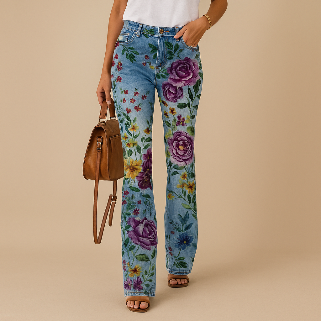 Dames flared jeans met bloemenprint en relaxte pasvorm van ademende stof, perfect voor lente- en zomeroutfits met een speelse touch.