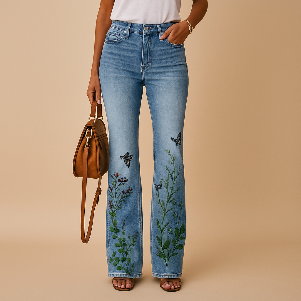 Dames flared jeans met bloemenprint en relaxte pasvorm van ademende stof, perfect voor lente- en zomeroutfits met een speelse touch.