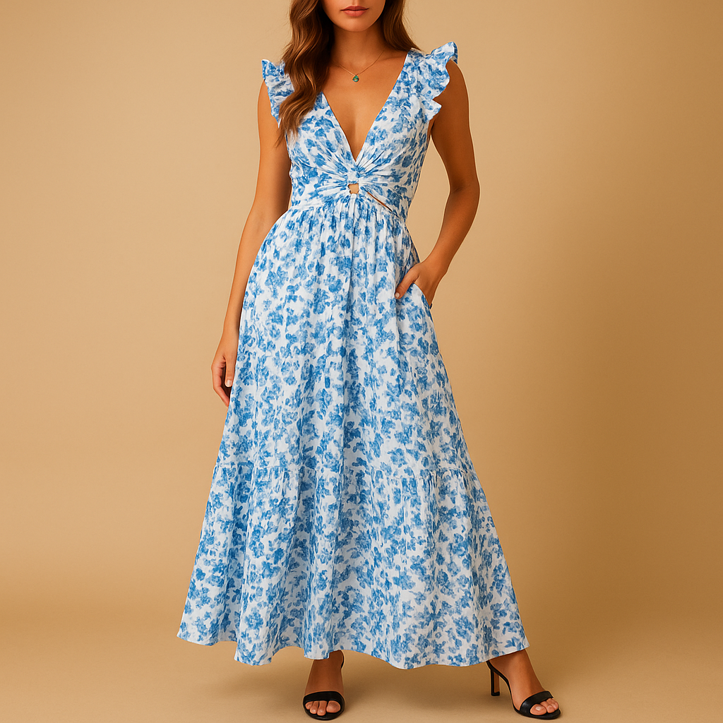 Gebloemde maxi-jurk voor dames met diepe V-hals, ruches, uitgesneden taille en hoge split, ideaal voor feestelijke zomermomenten.