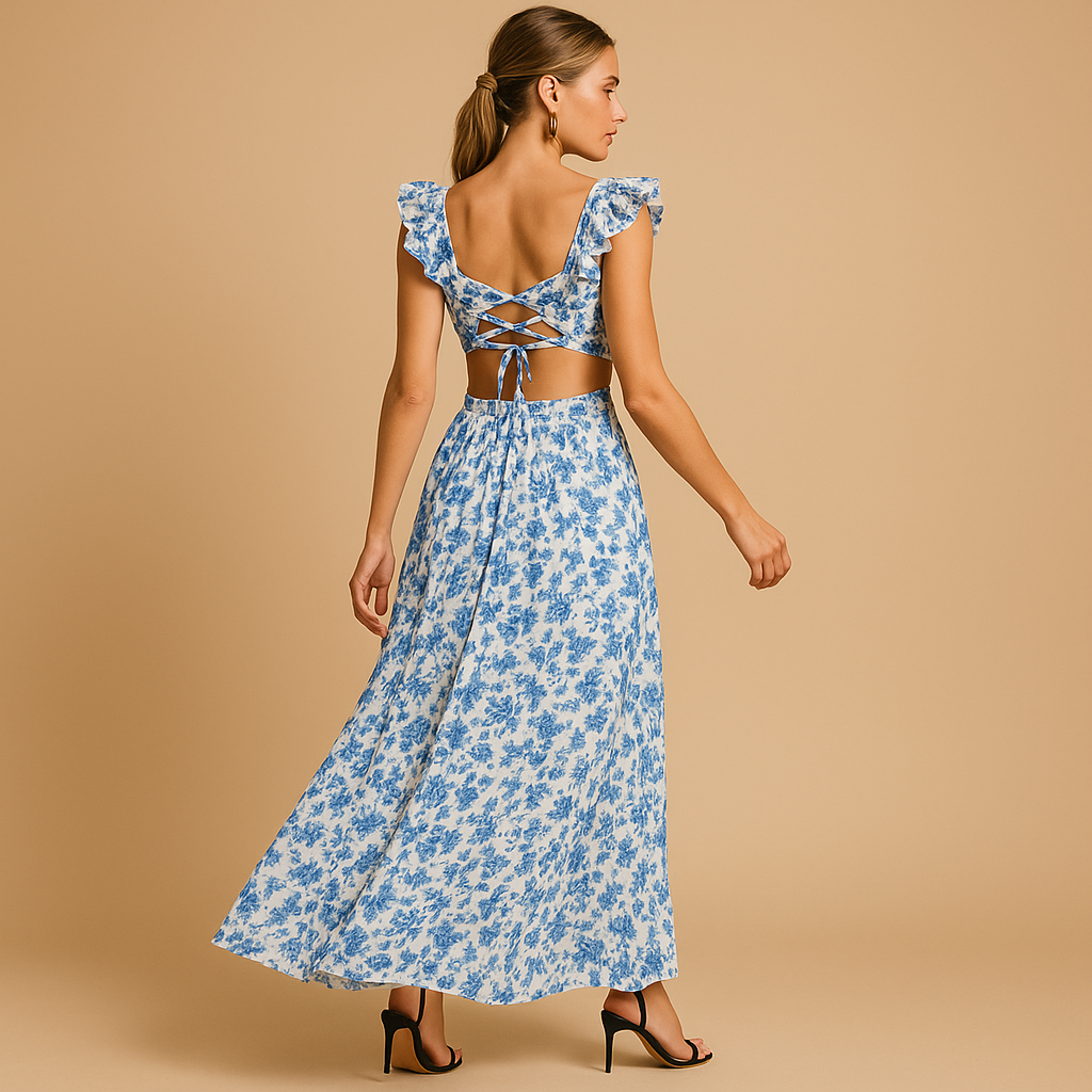 Gebloemde maxi-jurk voor dames met diepe V-hals, ruches, uitgesneden taille en hoge split, ideaal voor feestelijke zomermomenten.