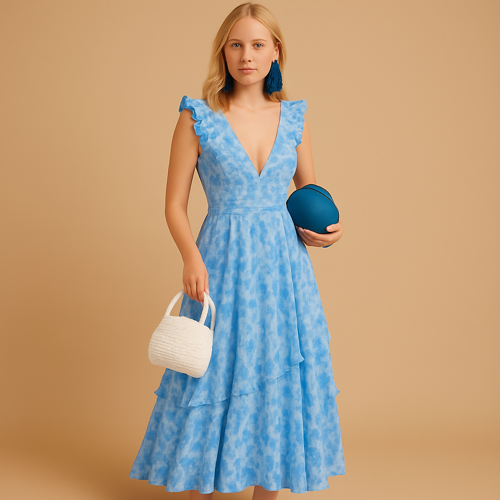 Gebloemde maxi-jurk voor dames met diepe V-hals, ruches, uitgesneden taille en hoge split, ideaal voor feestelijke zomermomenten.