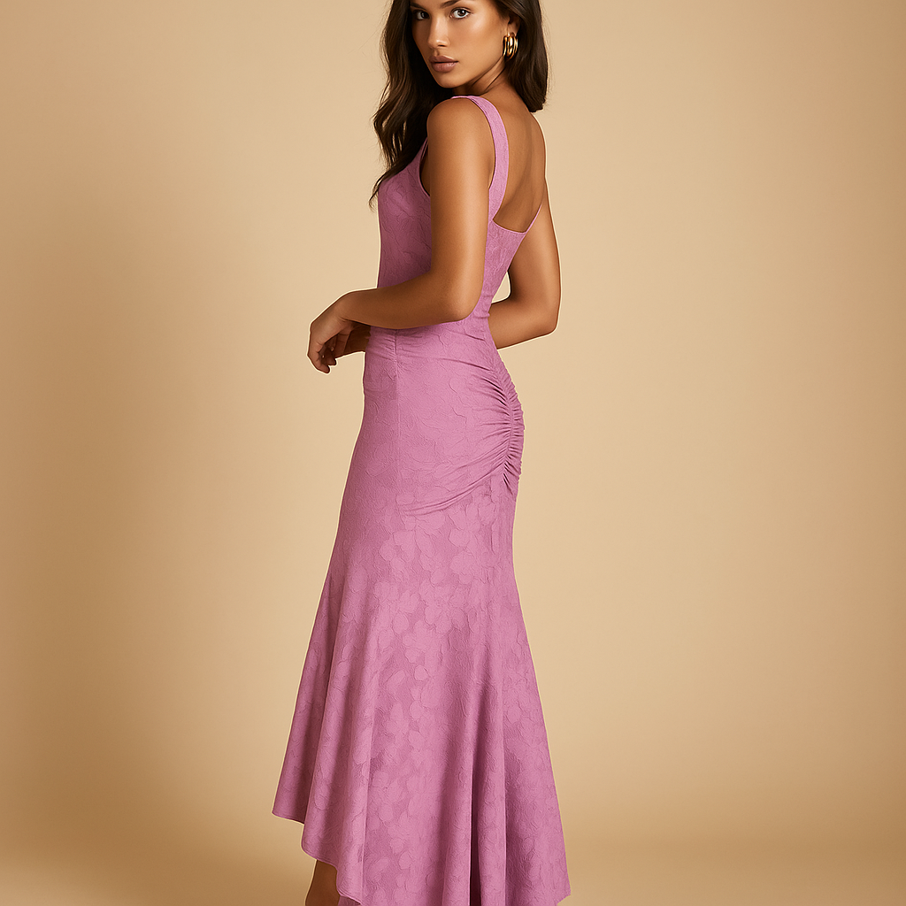 Gebloemde midi-jurk voor dames met lichte stof en elegante pasvorm, ideaal voor tuinfeestjes, brunch of zomerse casual dagen.