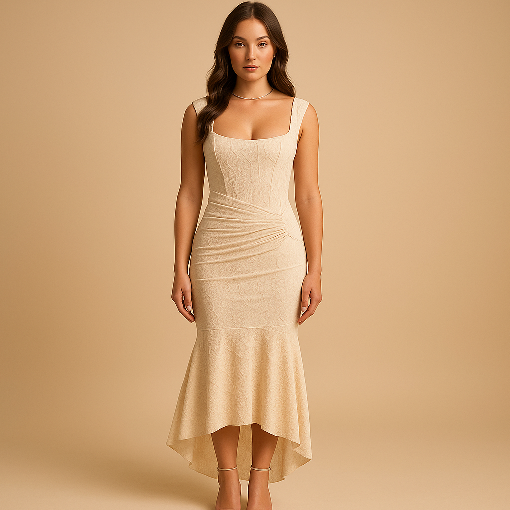 Gebloemde midi-jurk voor dames met lichte stof en elegante pasvorm, ideaal voor tuinfeestjes, brunch of zomerse casual dagen.
