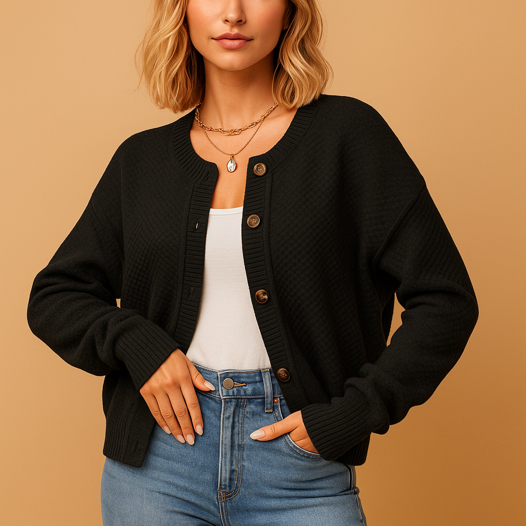 Lange damestrui met col en decoratieve knopen, ideaal voor stijlvolle laagjes en winterse dagen.