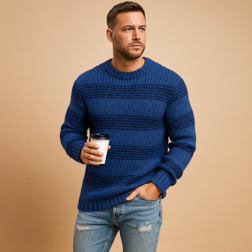 Gebreide Noorse trui voor heren met warme en tijdloze uitstraling, ideaal voor casual en formele looks in de herfst en winter.