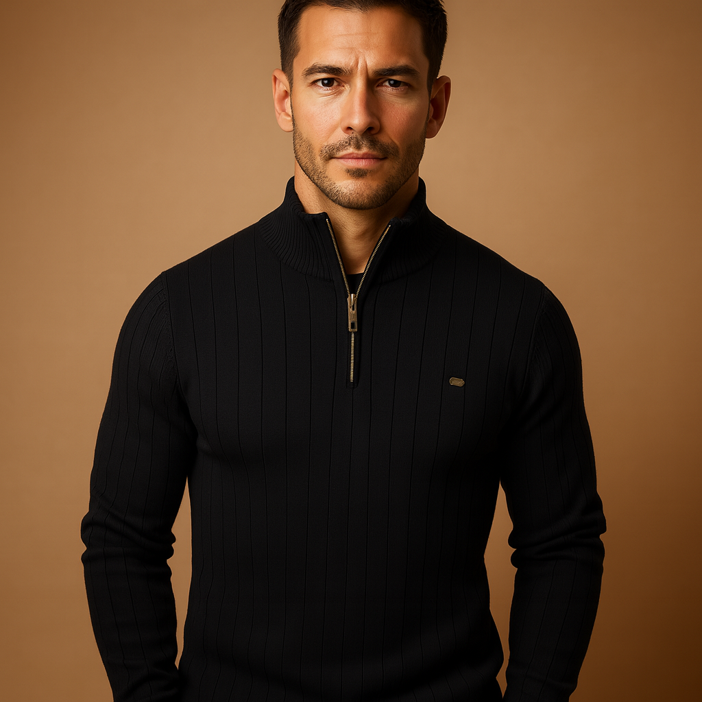 Gebreide heren trui met halve rits en hoge kraag, warme stof en slanke pasvorm. Ideaal voor casual en elegante looks in de herfst en winter.