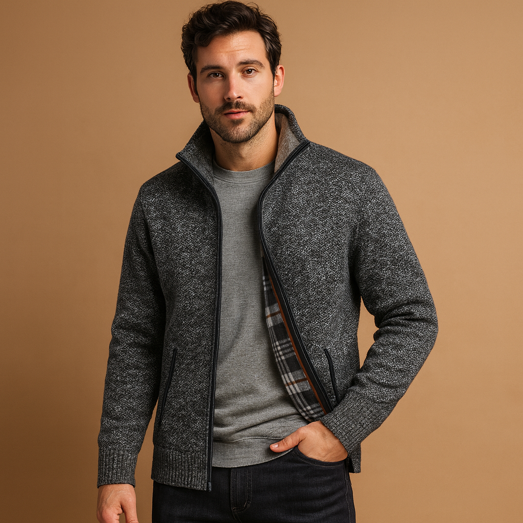 Gebreide heren trui met klassiek kabelpatroon en geruite voering, zacht en duurzaam materiaal. Perfect voor koude dagen en veelzijdige outfits.