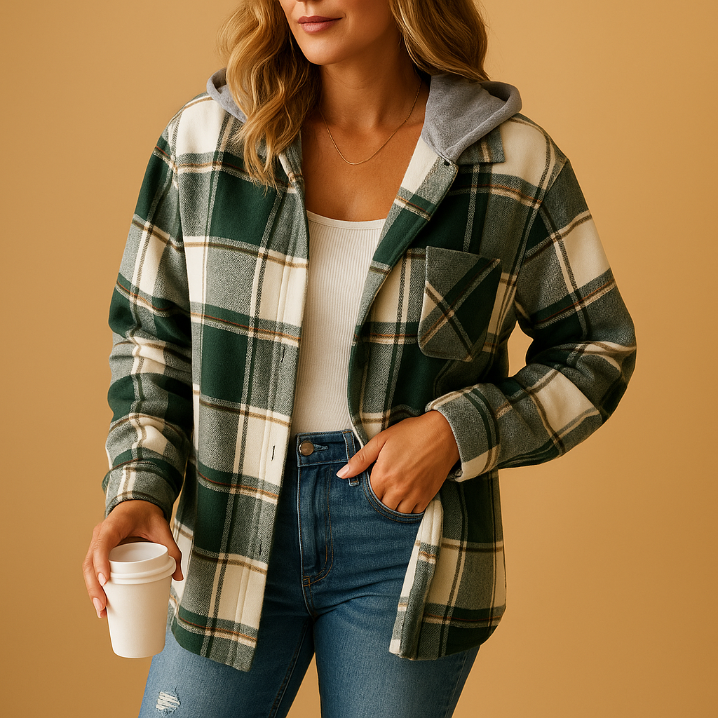 Damesjas met groene ruit en gevoerde capuchon, perfect voor frisse herfst- en winterdagen.