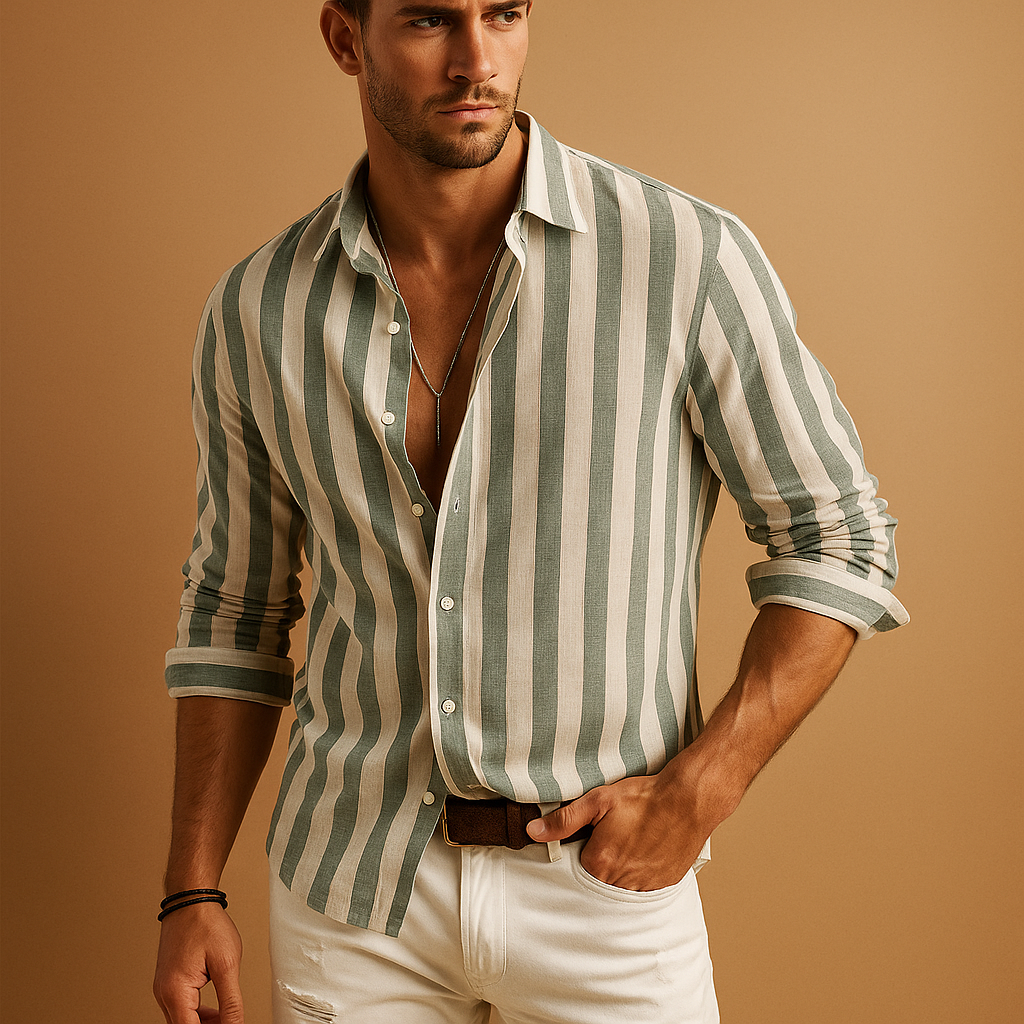 Herenoverhemd met blauw-wit gestreept patroon, moderne pasvorm en lange mouwen, geschikt voor formele en casual gelegenheden.