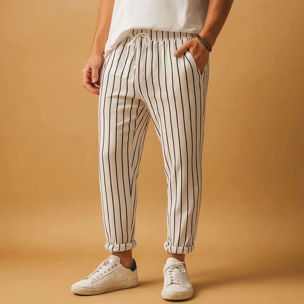 Casual herenbroek met strepen en trekkoord, perfect voor een ontspannen en stijlvolle zomerse outfit.