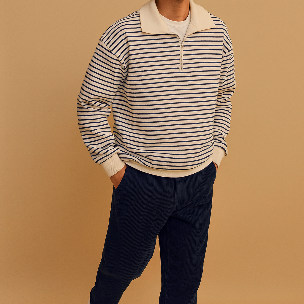 Gestreepte pullover met halve rits voor heren, comfortabele pasvorm en casual design. Ideaal voor dagelijks gebruik en stijlvolle casual outfits.