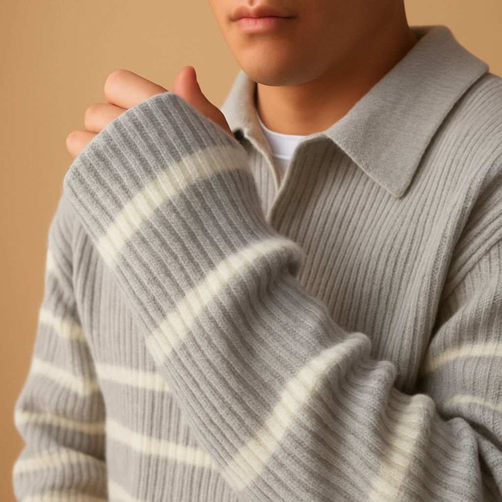 Gestreepte zip trui voor heren met halve rits, sportief design en comfortabele pasvorm. Perfect te dragen bij casual en semi-formele outfits.