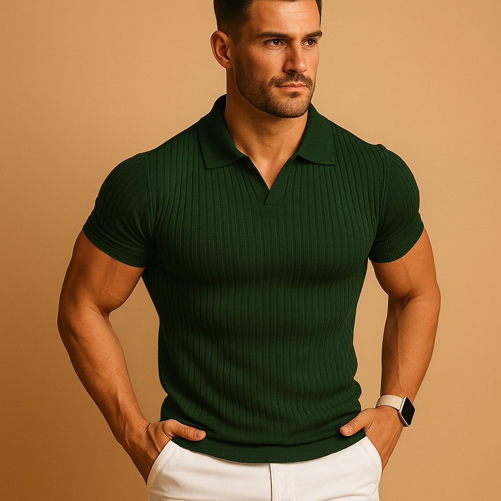 Heren poloshirt met V-hals, slanke pasvorm en korte mouwen, stijlvol casual design met ribboordweefsel en reverskraag.