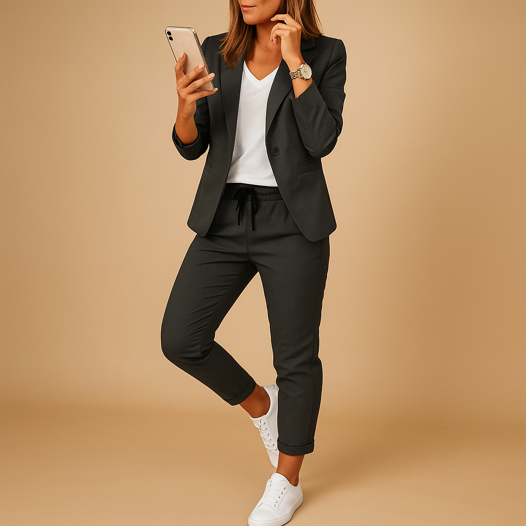 Dames set met blazer en pantalon in lavendel, zwart en beige – ideaal voor formele gelegenheden, werk en stijlvolle avonden.