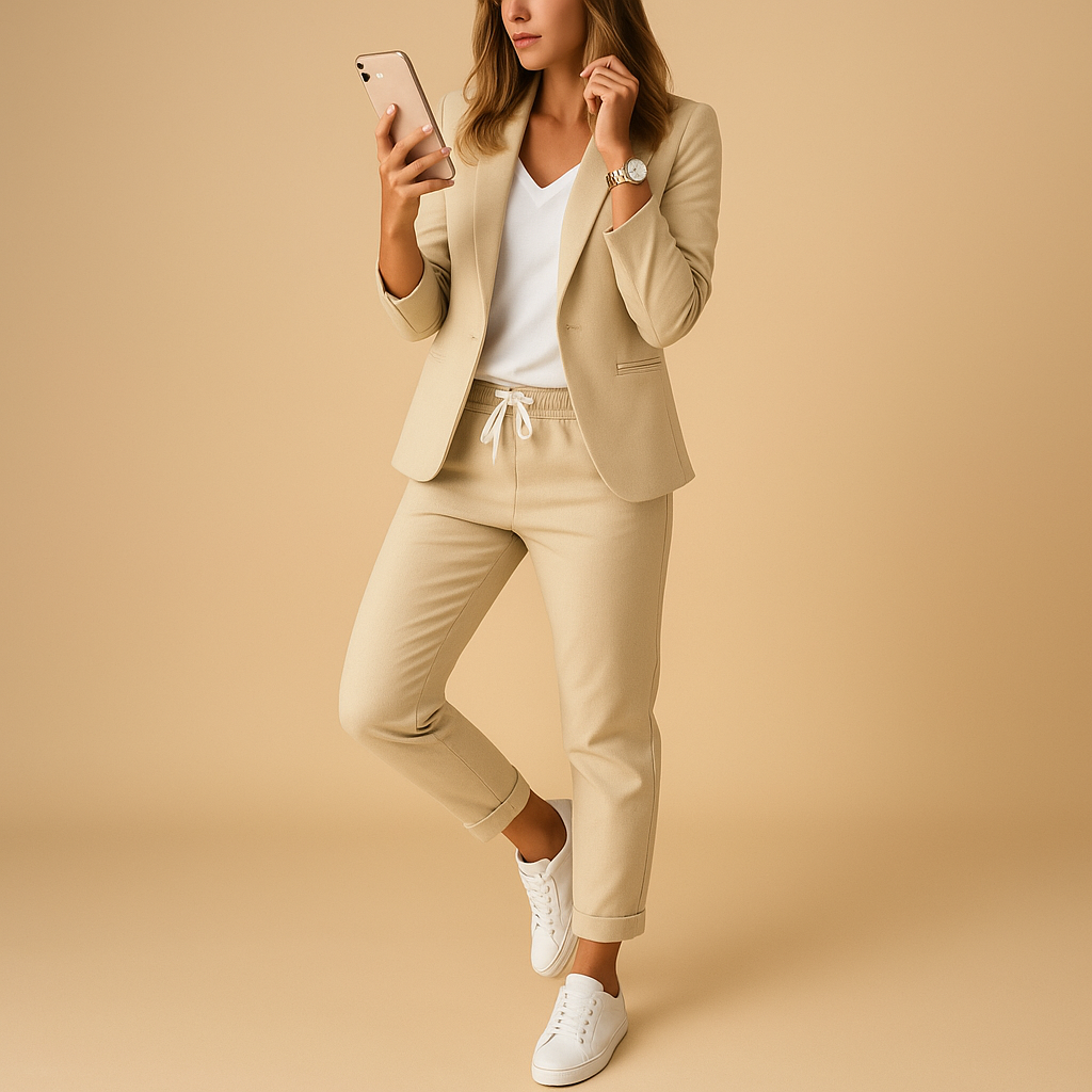 Dames set met blazer en pantalon in lavendel, zwart en beige – ideaal voor formele gelegenheden, werk en stijlvolle avonden.