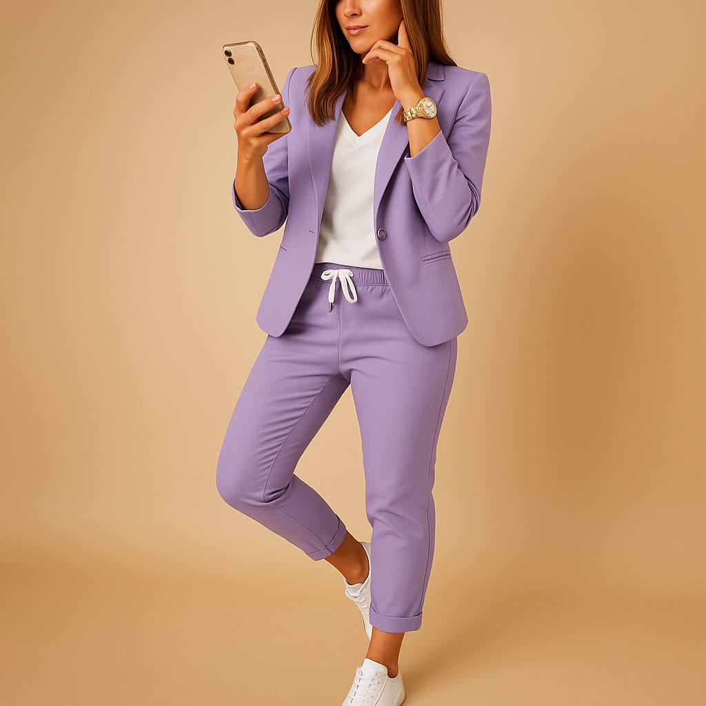 Dames set met blazer en pantalon in lavendel, zwart en beige – ideaal voor formele gelegenheden, werk en stijlvolle avonden.
