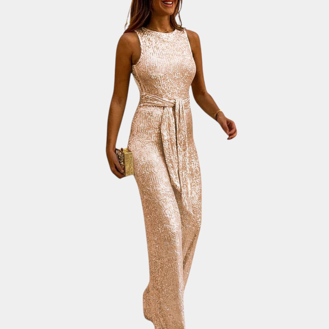 Dames glitter jumpsuit met flatterende pasvorm en glanzend design, perfect voor bruiloften, gala’s en feestelijke avonden.