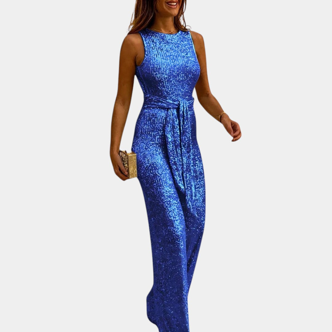 Dames glitter jumpsuit met flatterende pasvorm en glanzend design, perfect voor bruiloften, gala’s en feestelijke avonden.