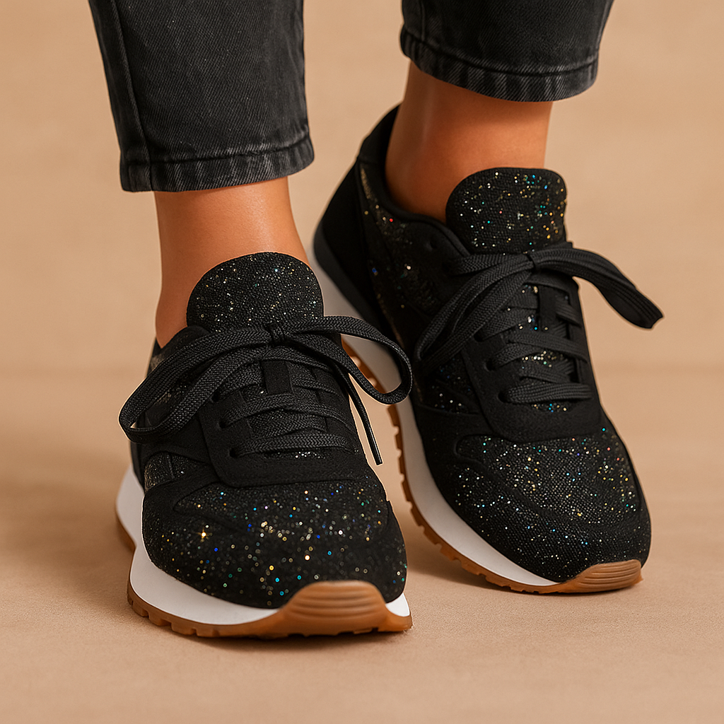 Glitter sneakers voor dames met pailletten en vetersluiting, ideaal voor een feestelijke en stijlvolle look.